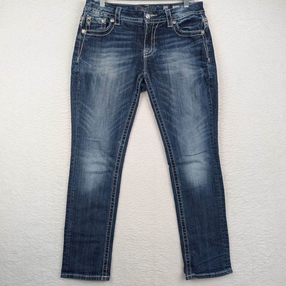 Miss Me Easy Straight Jeans Size 28 Mid Rise Faux Flap Embellished Sequin Denim